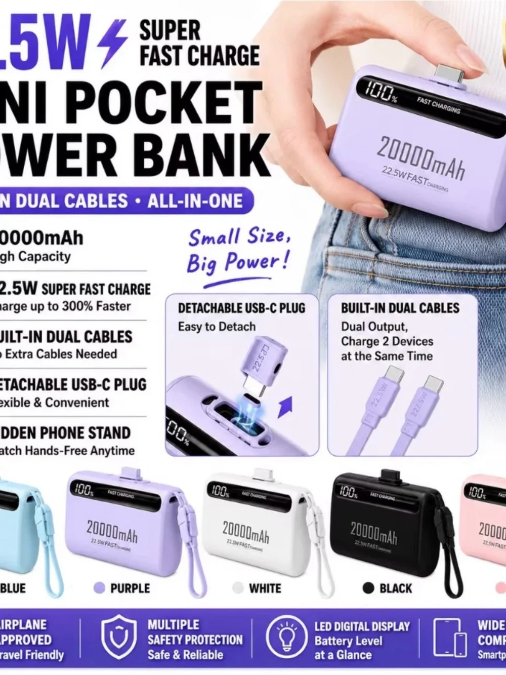 Purple 20000mAh Portable Power Bank with Type-C Fast Charging
